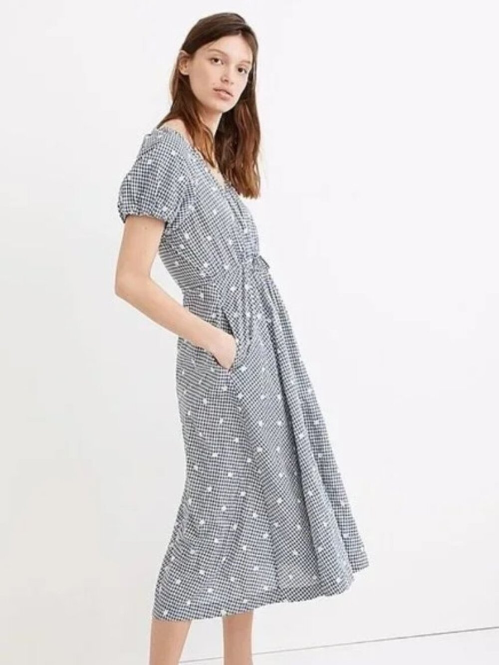 Madewell Embroidered Gingham Faux-Wrap Tie-Waist Midi Dress (NWT) (Large)